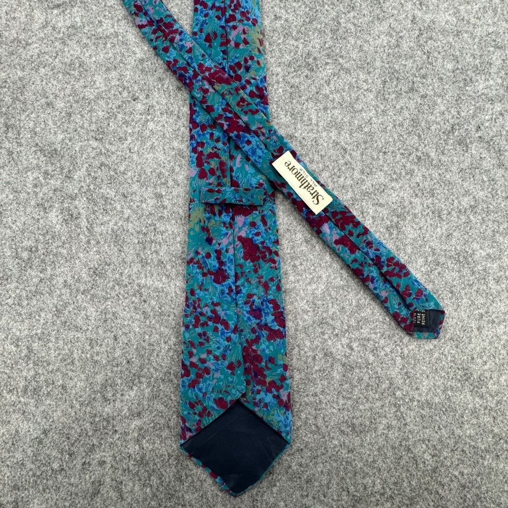 Strathmore Mens Silk Necktie Teal Burgundy Abstract Floral Impressionist Tie - Picture 3 of 3